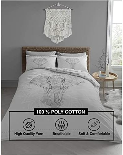 FAIRWAYUK Elephant Mandala Bedding Sets, Grey Duvet Covers Double Set with Pillowcase, Reversible Ultra Soft Quilt Covers, Easy Care, 200x200cm