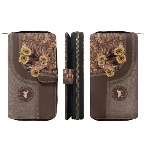 Image of COEQINE Ladies Wallets Pink Leopard Heart Black Printed Leather Phone Long Clutch Purses Check Coin Change Holder