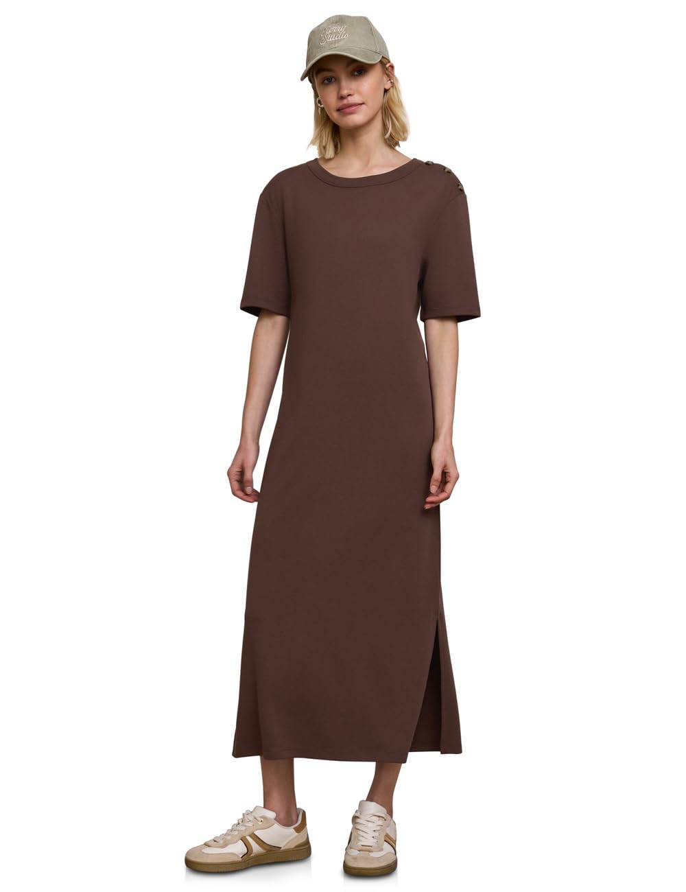 Street One Studio Damen 1409259 Midi-Kleid mit Rundhals und Knopfdetail (1er Pack)