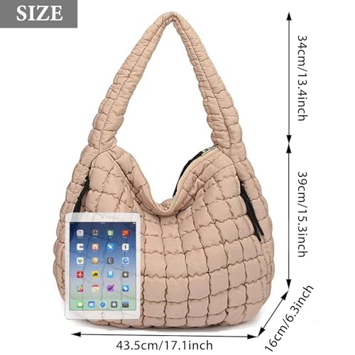 Image of Puffer Tote Bag for Women Large Quilted Tote Bag with Zipper Nylon Lightweight Hobo Handbag Padding Shoulder Purse (Khaki)