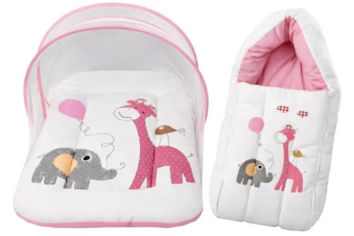 Image of Toddylon 2 PCS Baby Bedding Set for New Born | Baby Bed with Mosquito Net | Cotton Carry Beg | Mattress for Infants 0-6 Months | Baby Essentials | Gift Combo for Just Born Boys & Girls (Pink)