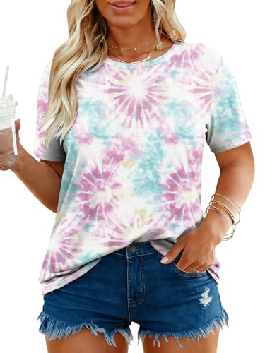 Image of VISLILY Plus-Size-Tops for Women Casual Short Sleeve T Shirts Trendy Tie Dye Crewneck Tees Comfy Loose Fit Tunics XL-5XL