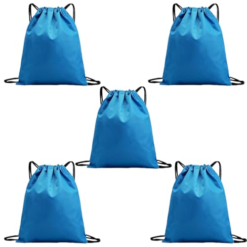 Image of 5-Pack Waterproof Drawstring Backpacks, Soccer-Texture Oxford Fabric, 16.9 inch x 13.8 inch, Lightweight 0.20 lb Each, No Eyelets, Gym & Marathon Gear Sacks(Sky Blue)
