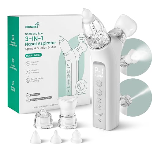 Image of GROWNSY SniffEase Spa 3-in-1 Nasal Aspirator for Baby – Spray, Suction & Mist, Hospital-Grade Powerful Electric Nose Suction with Soothing Light & Music, Larger Chamber (Grey)