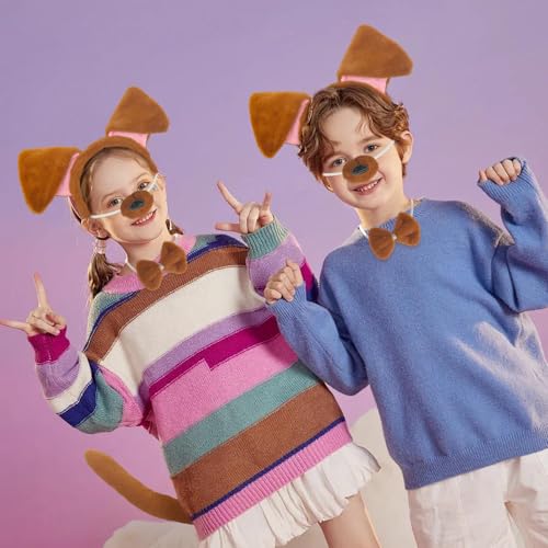 TUONYIS 4 Stücke Hundeohren Kopfbedeckung und Schwanz Nase Fliege Set, Tier Hündchen Kostüm Kinder Set, Hund Ohren Stirnband, für Karneval Welttag des Buches Halloween Cosplay, Tier-Mottoparty (Braun)