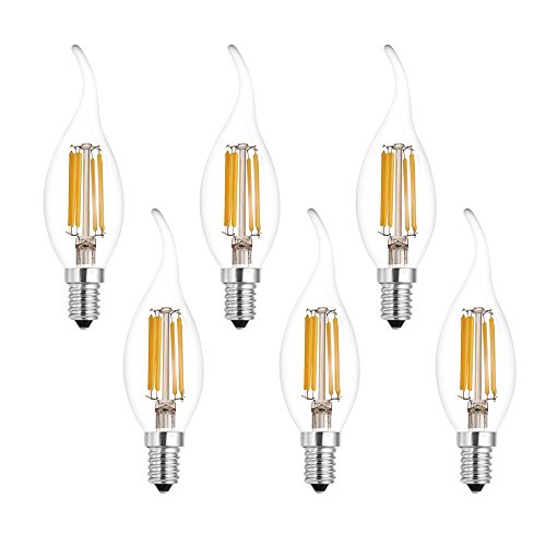Rayhoo E12 Candelabra Base LED Bulb, 6W Dimmable LED Filament Candle Light Bulb, C35 Flame Shape Bent Tip, 600LM, 60W Incandescent Replacement, 2700K Warm White, 6 Pack
