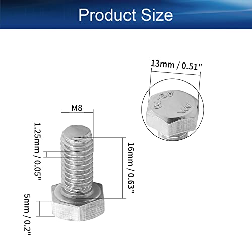 Image of Bettomshin 2Pcs M8 x 16mm Hex Bolts, 304 Stainless Steel 1.25mm Thread Pitch Fully Threaded Metric Hex Head Screw Bolts, Hexagon Screw Bolt, Hex Tap Bolts, Silver (Overall Size 20.8x13x13mm)