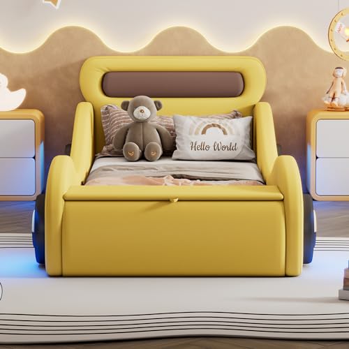 Autobett Kinderbett Jugendbett 90x200, Polsterbett Einzelbett mit leuchtenden Rädern&Stauraum, Aufregendes Auto Kinderbett für kleine Rennfahrer, Kinder Spielbett mit Lattenrost, PU,Ohne Matratze,Gelb