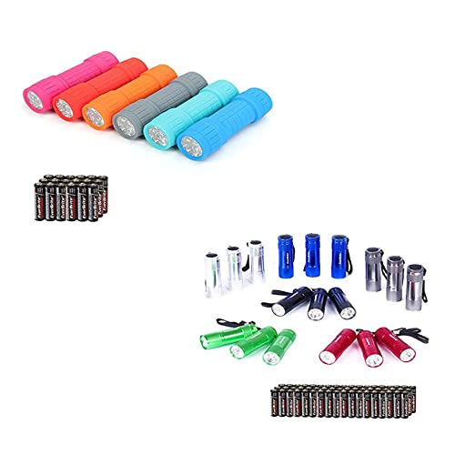 EverBrite 9-LED Flashlight 6-pack Impact Handheld Torch Assorted Colors with Lanyard 3AAA Battery Included+18-pack Mini LED Flashlight Set, Includes Lanyard & 54 x AAA Batteries