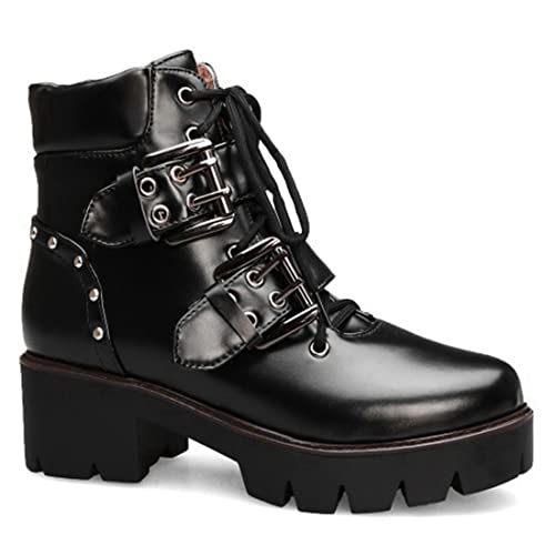 VOKLIN Women's Fashion Buckle Lace Up Dressy Ankle Boots Round Toe Platform Chunky Mid Heel Combat Short Bootie