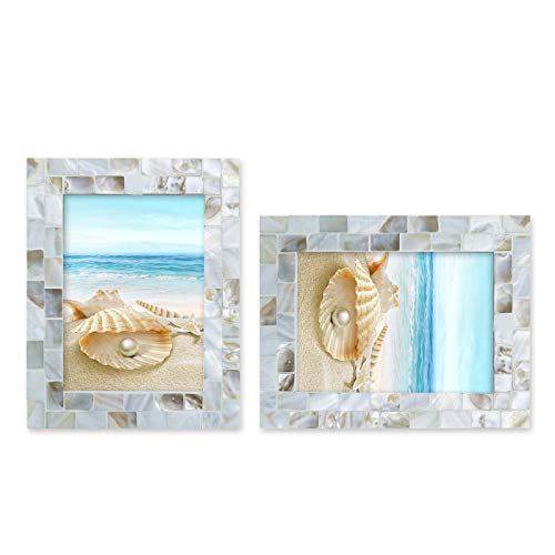 Handmade Picture Frames, 5" X 7"Vintage Mother Of Pearl Photo Frame,Unique Natural Style,Chic Mosaic Beach Picture Frame Tabletop Or Wall Hanging Display Frame (White, 5X7") #TOP6