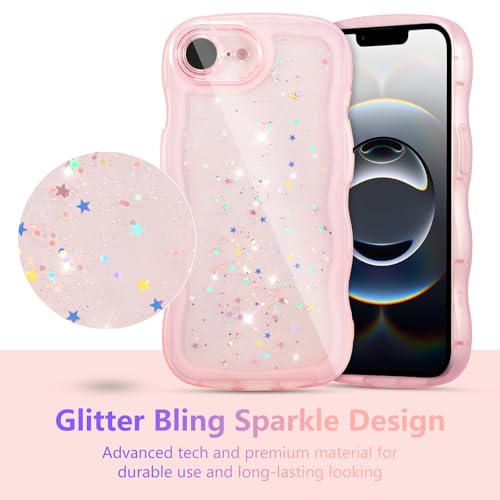 ZTOFERA iPhone 16e用透明ケース いphone16e クリアケース かわいい ウェーブ シェイプ おしゃれ キラキラ 星 スマホケース ソフトTPU バンパーケース 軽量 耐衝撃 人気 韓国 アイフォン16e カバー(ピンク)