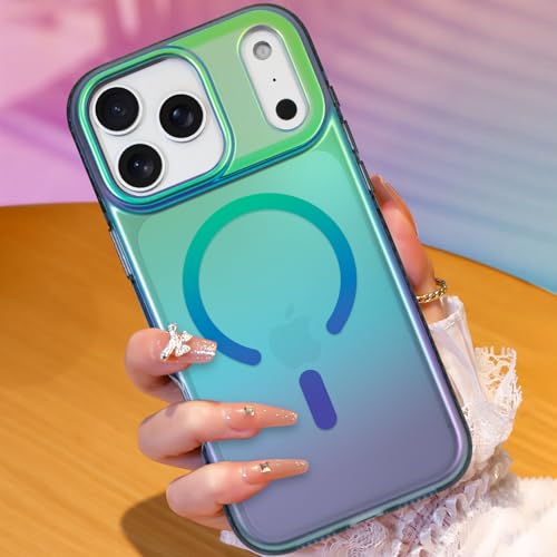 Image of AIGOMARA Magnetic Case for iPhone 17 Pro [Compatible with Magsafe] [Fluorescent Iridescent Green Blue] Slim Shockproof Matte Back Protective Phone Cover for Women Girls 6.3 Inch