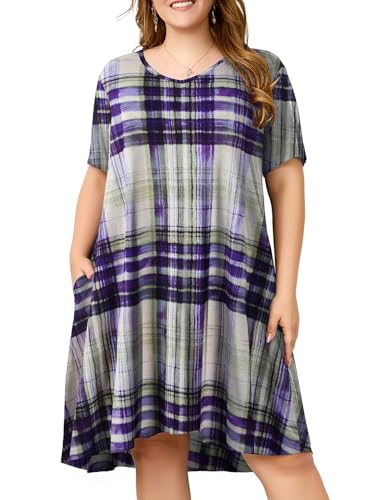 Image of OVERWORETY Womens Short Sleeve Plus Size T-Shirt Dress V Neck Casual Loose Swing A-Line Summer Tunic Dresses with Pockets