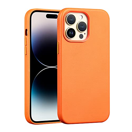 Coque en cuir iPhone 14 Pro Max orange pour charger sans fil votre telephone en voyage
