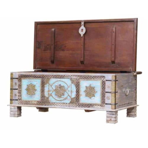 Image of Keve Wooden Trunk Box for Storage | Solid Wood Coffee Table for Living Room | Handcrafted Center Tea Table with Sandook Storage for Living Room | Pitara for Home and Bedroom (Grey Distress)