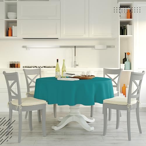 Image of Encasa XO Dining Table Cover Cloth for 4 Seater | 140 cm-Round Cotton Canvas Round Table Cloth | Machine Washable Tablecloth for Indoor & Outdoor Use - Azul Blue Solid Color