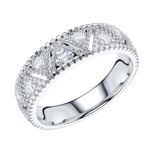 THELANDA Genuine Moissanite or Simulated Diamond Unisex 5.5mm Wide Vintage Milgrain Triangles Wedding Band Fashion Ring2