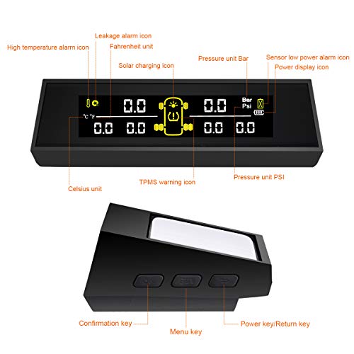 HONGNAL Tire Pressure Monitoring System for RV Trailer, Solar/USB Charging TPMS Wireless Monitor with 6 Tire Pressure Sensors, Real-time Display Tire Pressure and Temperature and 6 Alarm Function - Thumbnail 4