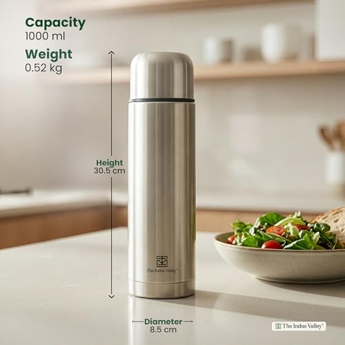 Image of The Indus Valley 1 Litre Stainless Steel Vacuum Insulated Bullet Flask with Flip Lid - Double Wall, Keeps Drinks Hot & Cold, Leak-Proof, Rust-Proof for School, Office, Gym & Travel