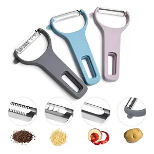 PRETTYFINE Peelers Set of 3, Potato, Fruits, Vegetables Peeler Stainless Steel Shredder Slicer (3Pcs/Set Pink, blue, gray blue)