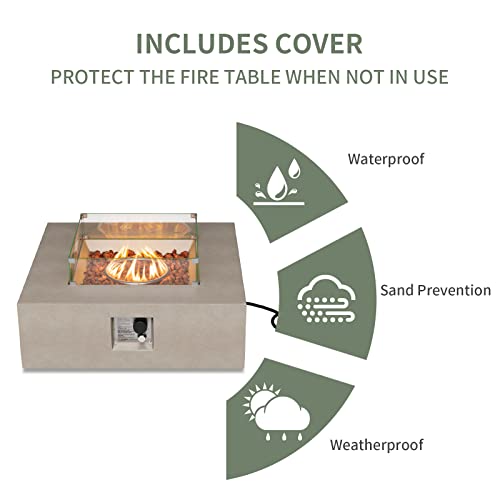 Cosiest 35-Inch Square Outdoor Sandstone Propane Fire Pit W Wind Guard And Side Table, 50,000 Btu Stainless Steel Burner, Free Lava Rocks And Rain Cover, Metal Lid(Gray) #TOP3
