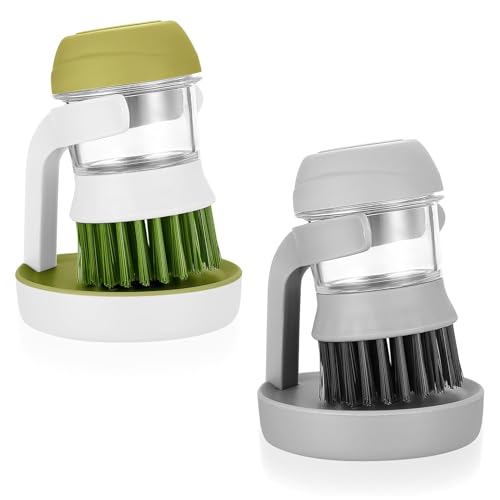 2 Stück Spülbürste Mit Spülmittelspender, Küchenbürsten Befüllbare Spülbürste, Multifunktionale Reinigungsbürste mit Spülmittelspender für Reinigung von Geschirr, Töpfen, Pfannen, Spülen Reinigun