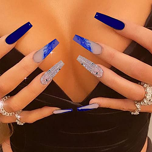Qingge Long Press On Nails Coffin Shaped Fake Nails Blue Stick On Acrylic Nails Sequins Glossy False Nails With Design For Women #TOP1