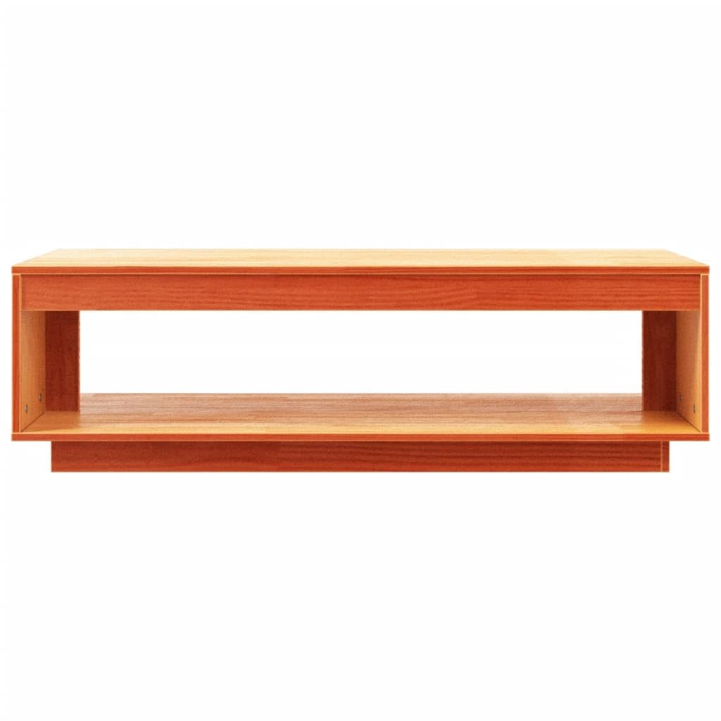 Mesa de centro marrón cera, madera de pino maciza, 110 x 50 x 33,5 cm, con estante y espacio de almacenamiento, moderna mesa de sofá para salón y sala de estar