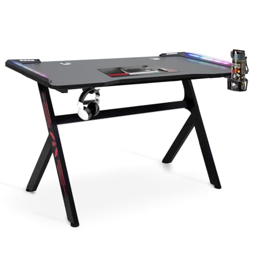 Multi Home Furniture Black Gaming Table with LED Lighting Carbon Fiber Cup Holder Headphone Hook & Cable Management | Gaming Desk Computer Table Standing Desk Office Desk for Gaming Setup