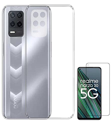 Image of Soft Flexible Silicone Back Cover Compatible with Realme Narzo 30 5G, Transparent Case + Screen Guard