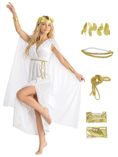 UQJE Womens Greek Toga Costume Set Halloween Cosplay Roman Goddess Grecian Outfit for Women-XL