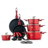 DMS® 15-teilig Induktion Kochgeschirr Kochset Töpfe Pfannen Bratpfanne Kasserolle Suppentopf mit Glasdeckel 3 Küchenutensilien 2 Topfuntersetzer Marbel Beschichtung Spülmaschinengeeignet (Rot)