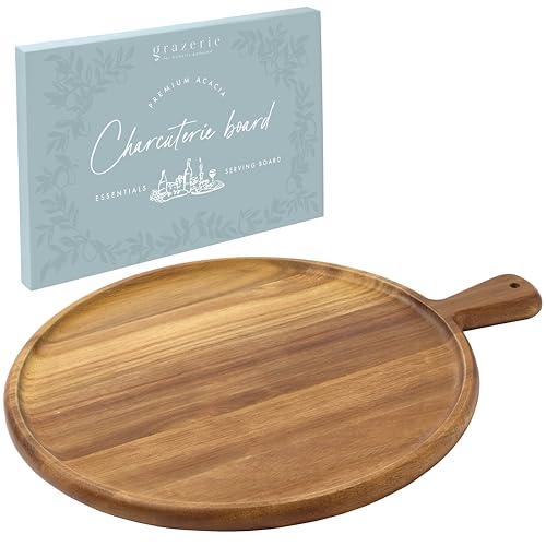 Grazerie Charcuterie Board - Acacia Wood Round Serving Tray with Handle - Kitchen Essential for Entertaining, House Warming Gift, Wedding Gift