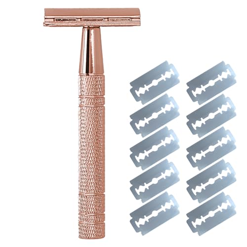 Safety Razor, Glide 2.0 Razor, Metal Razors with 10Pcs Razors Refills Safety R azor Reusable Manual R azors for Women for Leg Arm Underarm Bikini (Rose Gold)