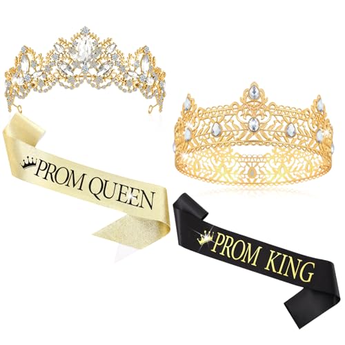 Retrowavy 2 Sets Prom King and Queen Crown with Sash for Men Women Graduation Costume Accessories(Gold Black)