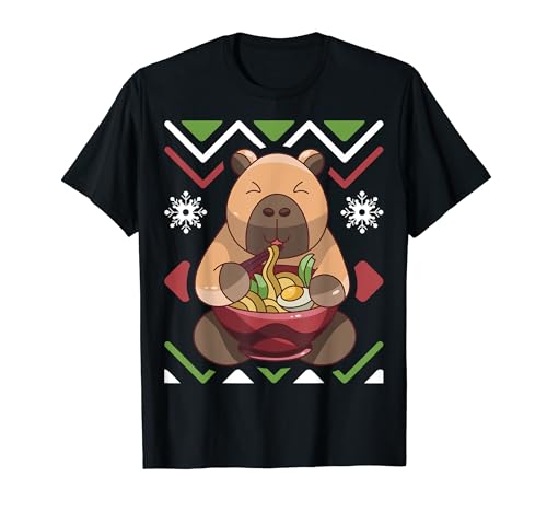 Suéter feo de Navidad Kawaii Anime Capybara Comiendo Ramen Camiseta