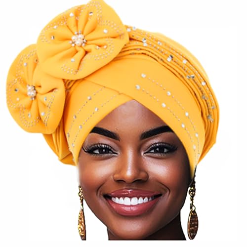 Woeoe Beanie Cap Head Wrap Yellow Rhinestones Head Scarf Flower Pearls Twisted Head Turban for Women Girls (Yellow)