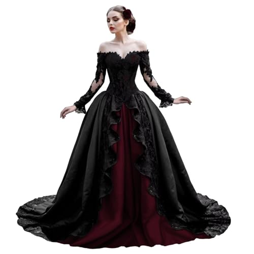TRHTX Gothic Long Sleeve Wedding Dresses for Bride Satin Bridal Dress Off Shoulder Wedding Gown