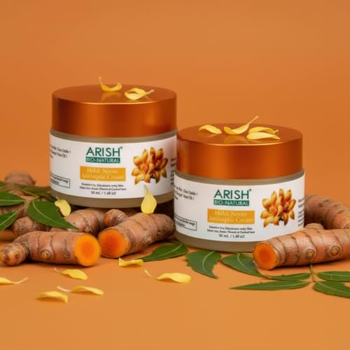 Image of ARISH BIO-NATURAL Haldi Neem Antiseptic Cream | Herbal Skin Protection & Soothing Care for Face, Hand & Body | 24 Hours Moisturisation Turmeric & Neem Formula | Value Pack of 2 x 50 ml