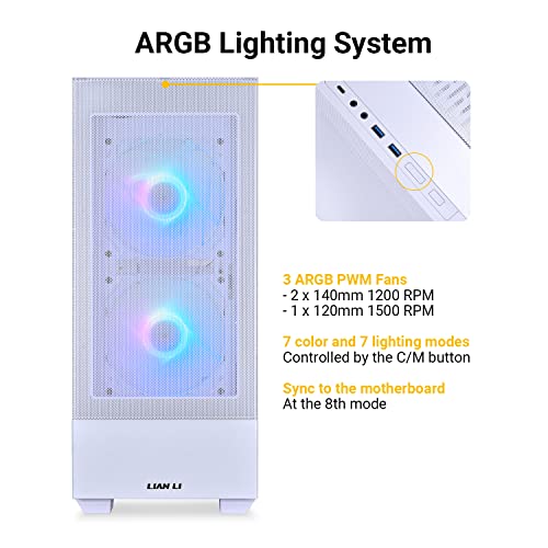 Image of LIAN LI High Airflow Mid-Tower ATX PC Case with RGB Fans, Tempered Glass Side Panel, USB-C Port (LANCOOL 205 MESH C, White)