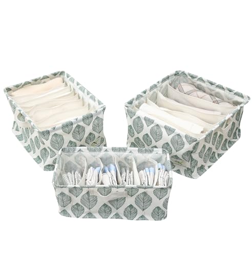 Image of House of Quirk Cotton Linen Set Of 3 Underwear Organizer Set - 5 /6 /9-Compartment Dividers For Closet & Drawer (White /Green Leaf), Clothing