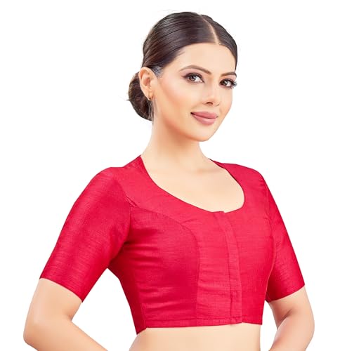 Image of Studio Shringaar Womens Basic Polyester Short Sleeves Textured Plain Coloured Art Silk Saree Blouse
