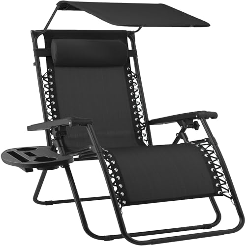 Best Choice Products 30 Wide Folding Zero Gravity Outdoor Recliner Patio Lounge Chair w/Adjustable Canopy Shade Headrest Side Accessory Tray - Black