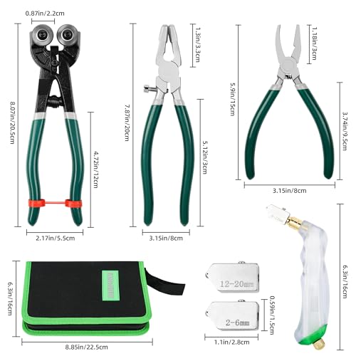 GINWORD 10Pcs Heavy Duty Glass Cutters Tools Kit, Wheeled Glass Tile Nippers Glass Running Breaking Pliers, Breaker Grozer Pliers with Curved Jaws, for Stained Glass, Mosaics, Fusing, Breaking
