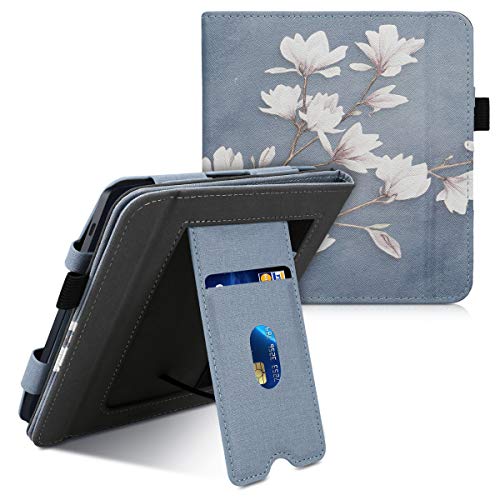 kwmobile Flip Cover kompatibel mit Kobo Libra H2O - Hülle mit Handschlaufe Magnolien Taupe Weiß Blaugrau