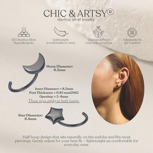 Image of CHIC & ARTSY 925 Sterling Silver Half Hoop Earrings for Women, Small Huggie Hoops Set with Ball Bar Star Moon Cross & Pearl, Lightweight Comfort Fit Everyday & Sleep Earrings