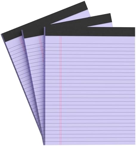 Purple Legal Pad Note Pads 8.5 x 11 inch, Wide Ruled, 30 Sheets/Pad, 20lb Colored Paper, Perforated Notepad with Sturdy Back (3 Pads Purple)