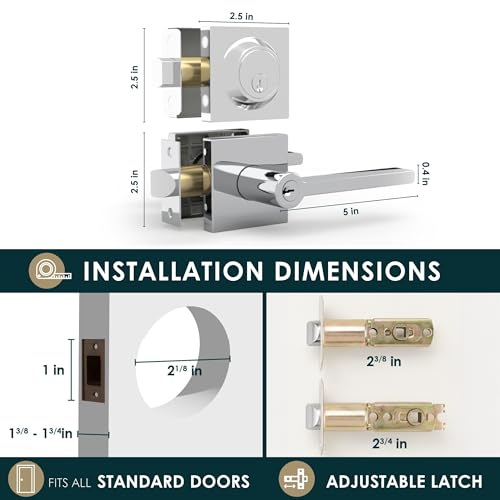 Image of Mega Handles Prime Entrance Combo, Entry Lever Door Handle and Single Cylinder Deadbolt Lock and Key Combo, Heavy Duty Square Locking Door Levers Set for Left or Right-Handed Doors - Polished Chrome