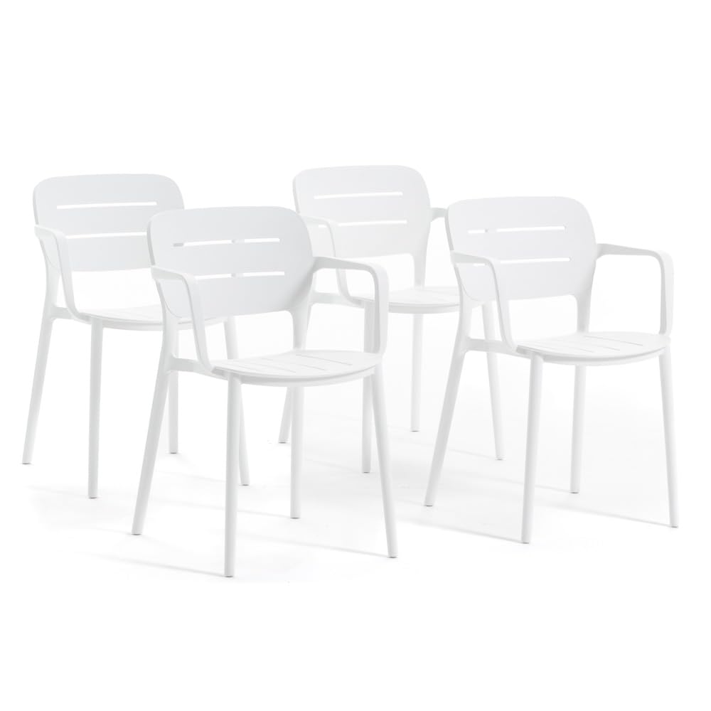 SIEDITI FUORI E DENTRO Sedie da esterno, giardino in resina con fibra di vetro impilabili, con braccioli, moderne Dora (4 sedie con braccioli, Bianco)